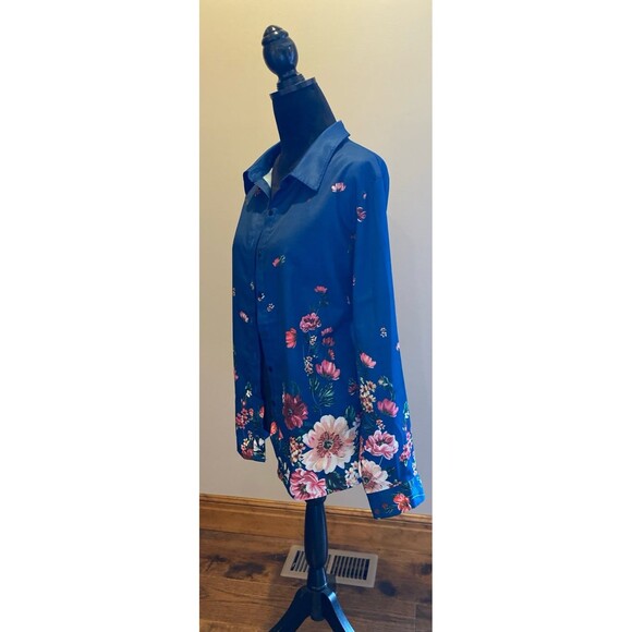 Blouse Size. XL Blue w/ Gorgeous Flowers Button Down Top Long Sleeve Cottagecore - Picture 3 of 9